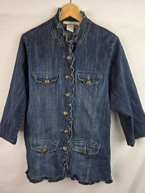 Z Cavaricci Womens Jean Jacket Size 2 Denim Jacket 3/4 Sleeve Long Coat Top